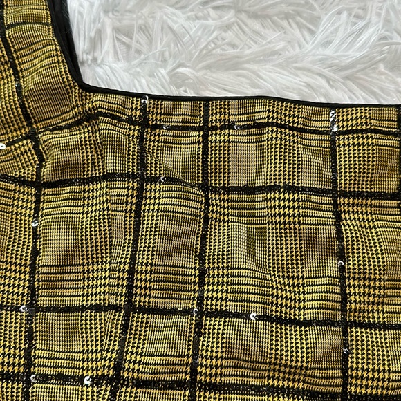 NBD Kent Saffron yellow gold black plaid square neck crop tank top S - Picture 6 of 14